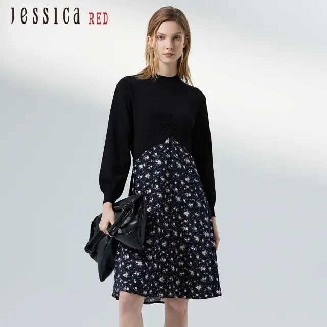 【Jessica Red】復古風抽褶針織拼接印花雪紡長袖洋裝824177