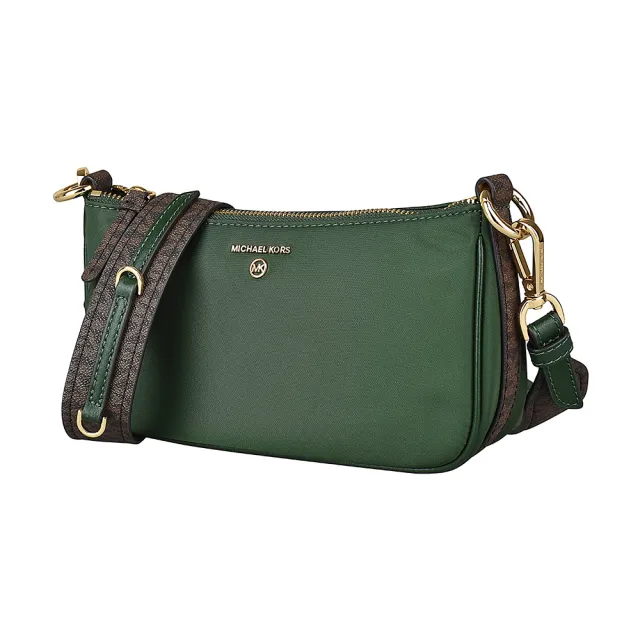 【Michael Kors】MK MICHAEL KORS JET SET金字LOGO尼龍拉鍊4合1斜背子母包(深綠x深褐)