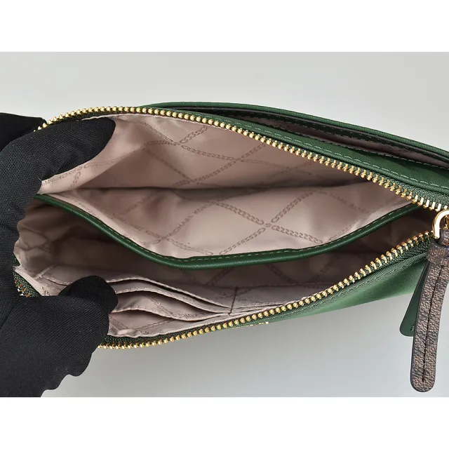 【Michael Kors】MK MICHAEL KORS JET SET金字LOGO尼龍拉鍊4合1斜背子母包(深綠x深褐)
