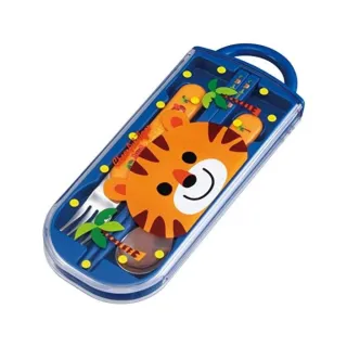 【小禮堂】Cheerful Tiger 滑蓋三件式餐具組 Ag+ - 藍大臉(平輸品)