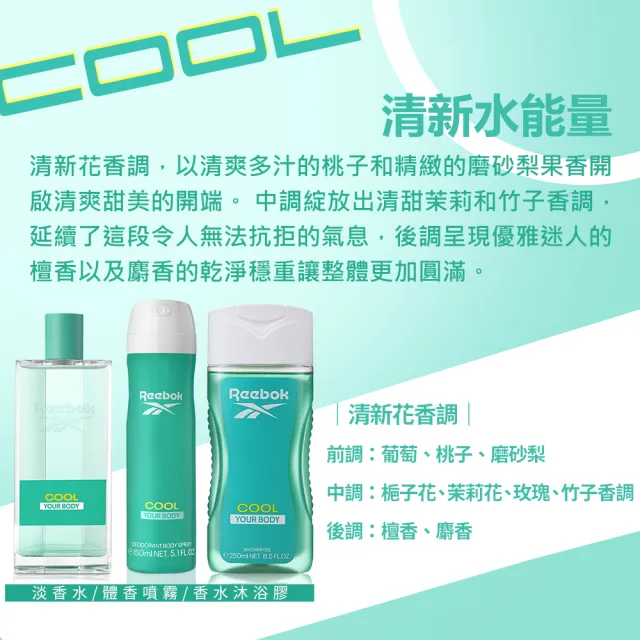 【REEBOK】清新水能量女性保濕香水沐浴膠 250ml(專櫃公司貨)