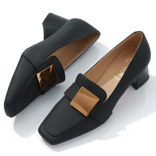 【DIANA】5cm絲綢綿羊皮鞋率性方型飾釦樂福跟鞋-都會時尚(黑)