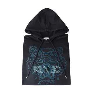 【KENZO】KENZO刺繡藍字LOGO大虎頭設計抽繩連帽長袖T恤(黑)