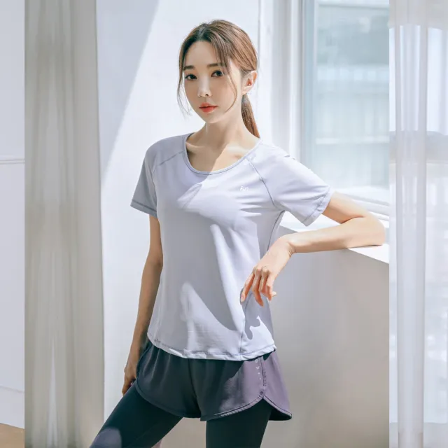 【BODYAIR】親膚S拼線上衣+假兩件柔韌九分褲套組(瑜珈.運動.慢跑.透氣.舞蹈.運動服.運動褲)