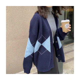 【JILLI-KO】韓版學院風大菱格寬鬆針織毛衣外套-F(深藍/卡)