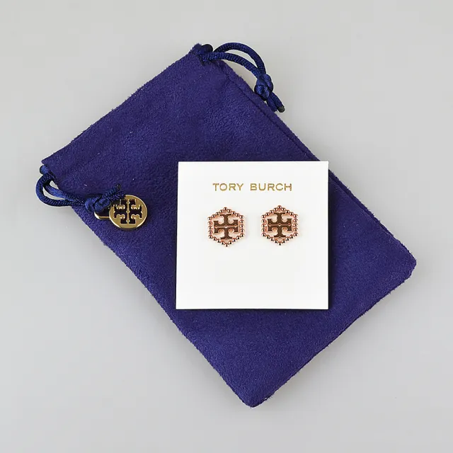 【TORY BURCH】TORY BURCH Milgrain Hex玫瑰金字雙T LOGO圓珠六邊形設計針式耳環(玫瑰金)