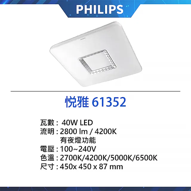 【Philips 飛利浦】悅雅 61352 方形吸頂燈 LED 40W 壁切四段(適用2~3坪)