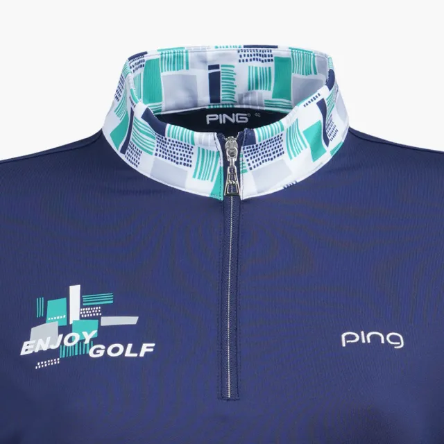 【PING】女款版印風立領薄長袖POLO衫-深藍(吸濕排汗/蓄熱保溫/GOLF/高爾夫球衫/RA21221-58)