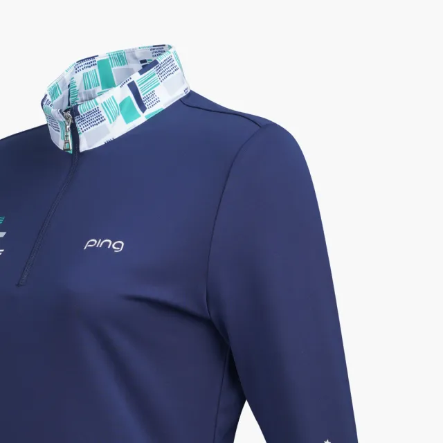 【PING】女款版印風立領薄長袖POLO衫-深藍(吸濕排汗/蓄熱保溫/GOLF/高爾夫球衫/RA21221-58)