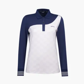 【PING】女款流線剪接格紋長袖POLO衫-深藍(吸濕排汗/蓄熱保溫/GOLF/高爾夫球衫/RA21205-58)