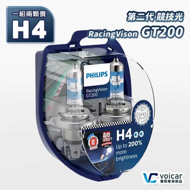 【Philips 飛利浦】RacingVision 競技光GT200(增亮+200% H4大燈燈泡)