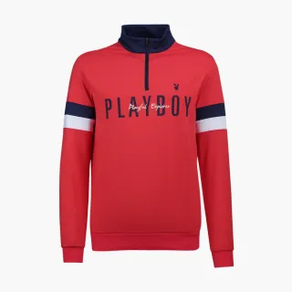 【PLAYBOY GOLF】男款大LOGO刷毛休閒立領長袖POLO衫-紅(吸濕排汗/蓄熱保溫/高爾夫球衫/AA21225-18)