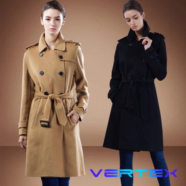 【VERTEX】優雅輕量綁帶雙面羊絨大衣風衣(黑/駝色)