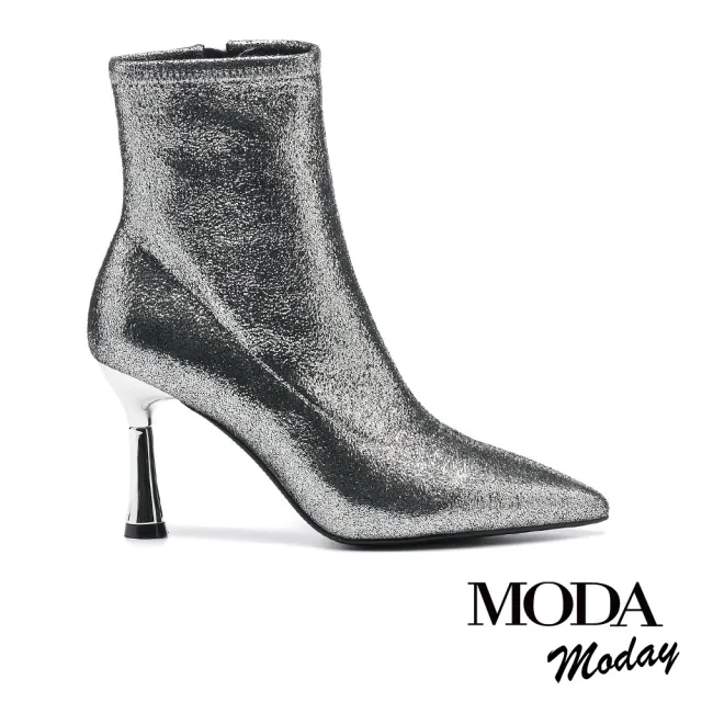 【MODA Moday】華麗復古風金蔥彈力羊皮尖頭美型高跟短靴(銀)