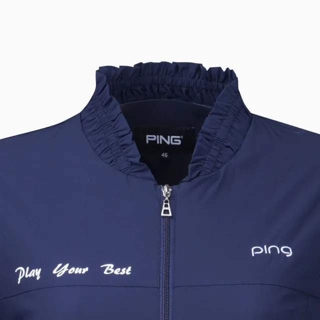 【PING】女款素色荷葉領印花防風透氣高彈性薄外套-深藍(附收納袋/GOLF/高爾夫球衫/RC22115-58)
