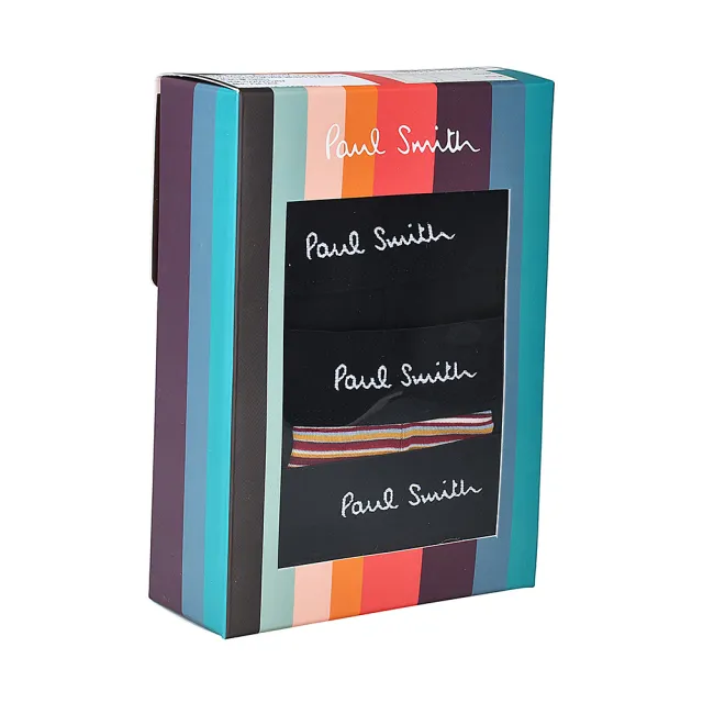 【Paul Smith】PAUL SMITH白字LOGO混和條紋組合棉質低腰平角內褲三件裝(男款/黑x細條紋)