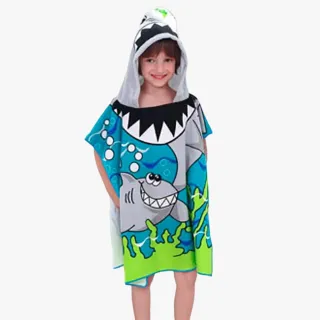 【SeasonsBikini】兒童快乾毛巾斗蓬 -藍綠鯊魚 196(兒童沙灘巾沙灘斗篷)