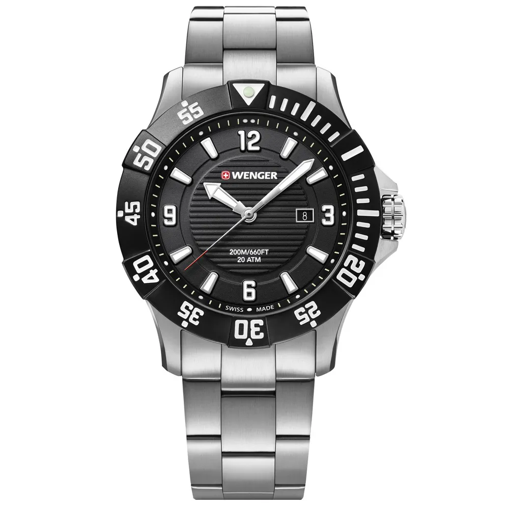 【WENGER 威戈】Seaforce 海神 潛水錶 日期 防水200米 不鏽鋼手錶 黑色 43mm(01.0641.131)