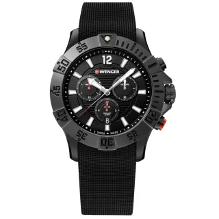 【WENGER 威戈】Seaforce 海神 三眼計時 潛水錶 日期 防水200米 矽膠手錶 黑色 43mm(01.0643.120)