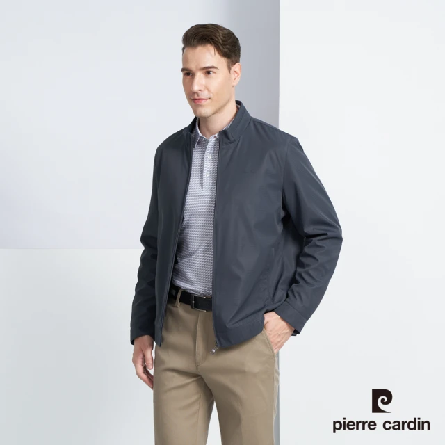 pierre cardin 皮爾卡登 商務休閒 男款 休閒立領印暗條格紋保暖鋪棉外套-深灰色(5225761-96)