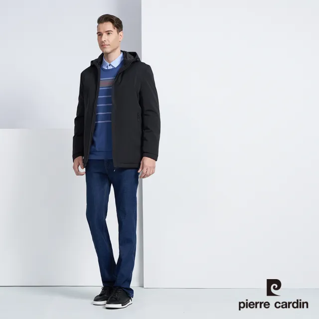 【pierre cardin 皮爾卡登】商務休閒 男款 經典都會保暖連帽羽絨外套-黑色(5225772-99)