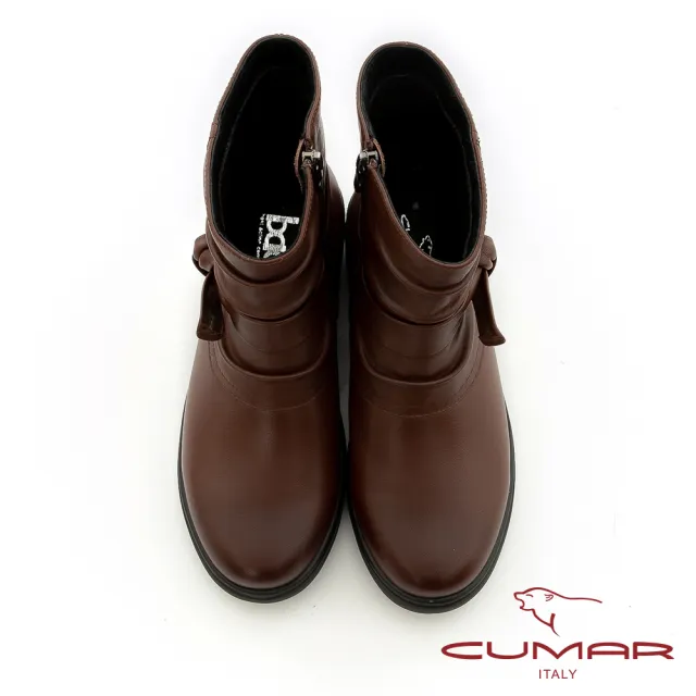 【CUMAR】抓皺蝴蝶結舒壓厚底真皮短靴(咖啡色)