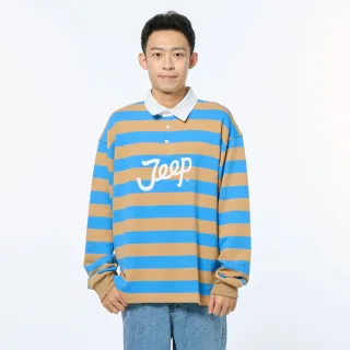 【JEEP】男裝 LOGO撞色條紋長袖POLO衫(藍色)