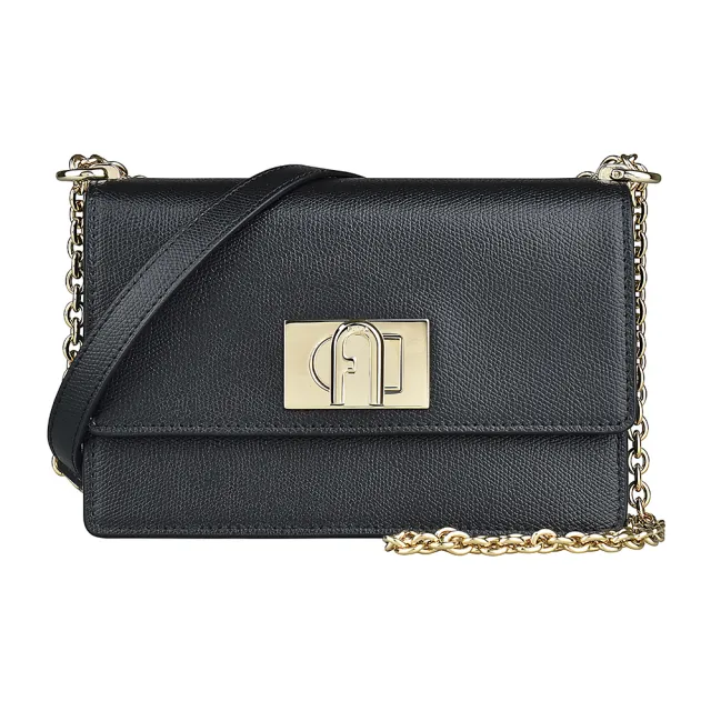 【FURLA 芙拉】FURLA 1927金拱門LOGO皮革旋鈕式鏈帶斜背方包(迷你/黑)