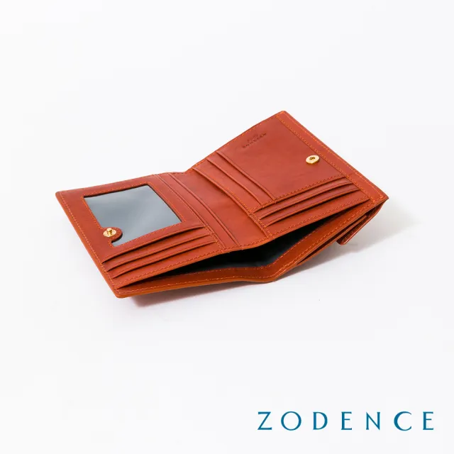 【ZODENCE 佐登司】義大利植鞣革金點設計對開中夾(橘紅)