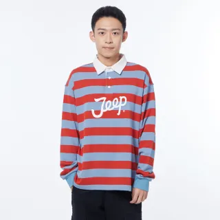 【JEEP】男裝 LOGO撞色條紋長袖POLO衫(紅色)