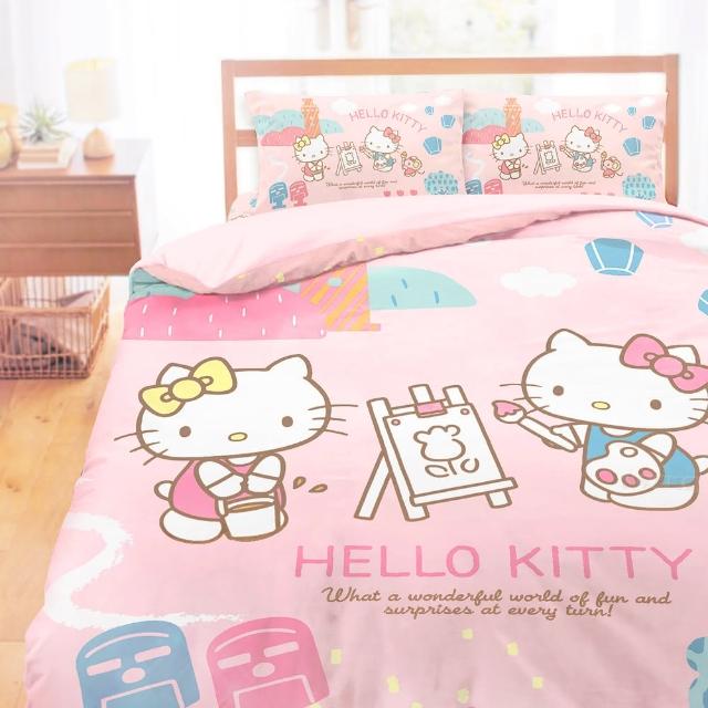 【享夢城堡】天絲卡通四件式床包薄被套組－雙人加大-HELLO KITTY 風景繪-粉