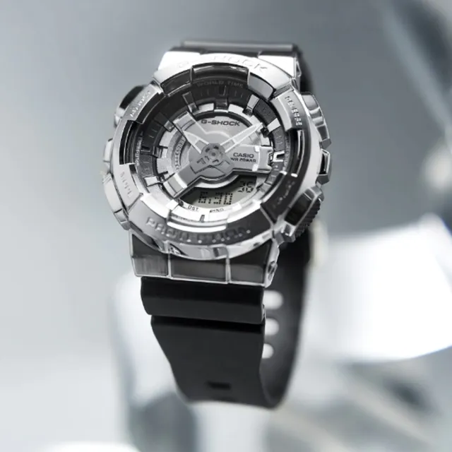 【CASIO 卡西歐】G-SHOCK 精巧纖薄金屬外殼3D錶盤雙顯錶-銀(GM-S110-1A WOMAN系列)