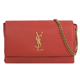 【YSL】KATE 金屬字母LOGO小羊皮麂皮翻蓋雙蓋三用肩斜鍊包(紅)