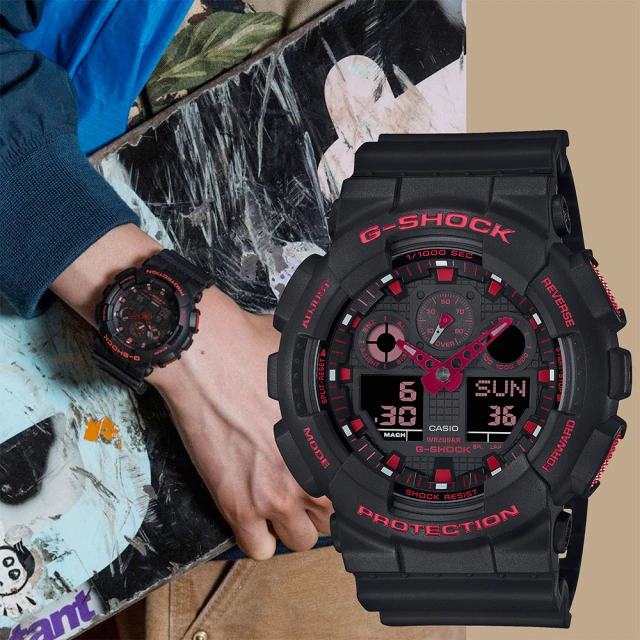 【CASIO 卡西歐】G-SHOCK 火焰紅黑雙顯手錶 畢業禮物(GA-100BNR-1A)