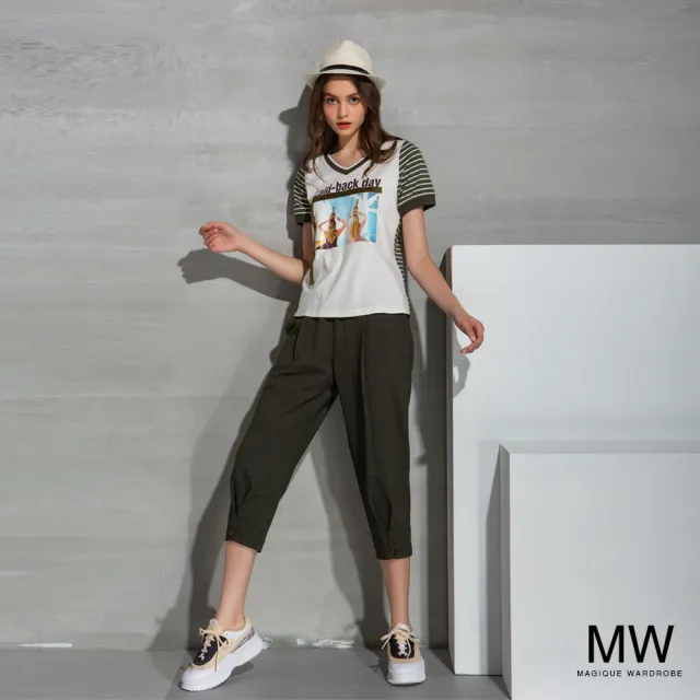 【MAGIQUE WARDROBE】V領拼接條紋印花上衣(綠白條紋)