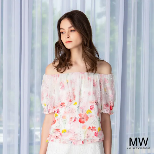 【MAGIQUE WARDROBE】二穿式蕾絲印花雪紡上衣(粉紅印花)