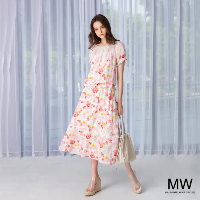 【MAGIQUE WARDROBE】二穿式蕾絲印花雪紡上衣(粉紅印花)