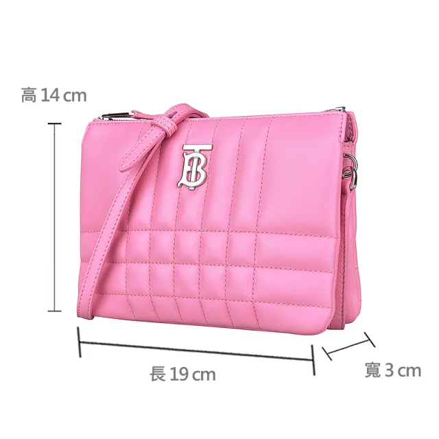 【BURBERRY 巴寶莉】BURBERRY LOLA TB銀字LOGO格紋絎縫羔羊皮雙層斜背包(櫻花草粉)