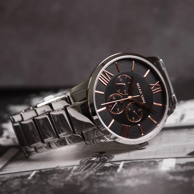 【Relax Time】黑潮王者系列 銀框 黑面 玫瑰金刻度 不鏽鋼錶帶 三眼腕錶 手錶 男錶 情人節(RT-81-2)