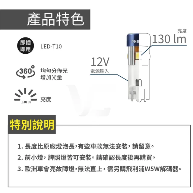 【Philips 飛利浦】日本限定版 T10 W5W 6000K 6500K X-tremeVision(T10 LED 燈泡)