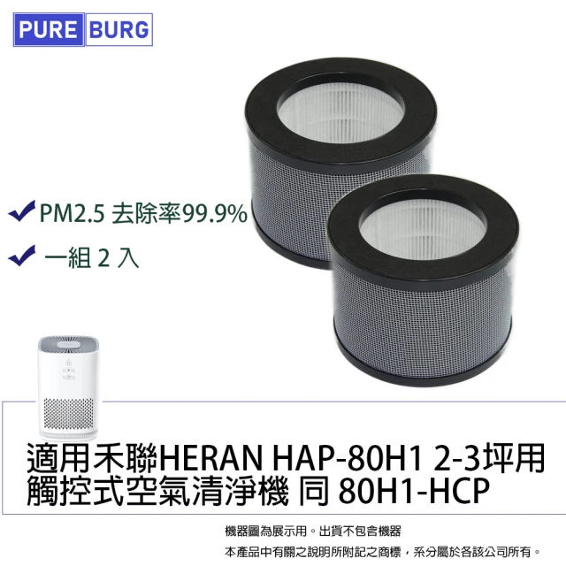 PUREBURG 適用 禾聯HERAN HAP-80H1 HAP-80H3觸控式2-3坪空氣清淨機 副廠HEPA濾網2入組(2入組)