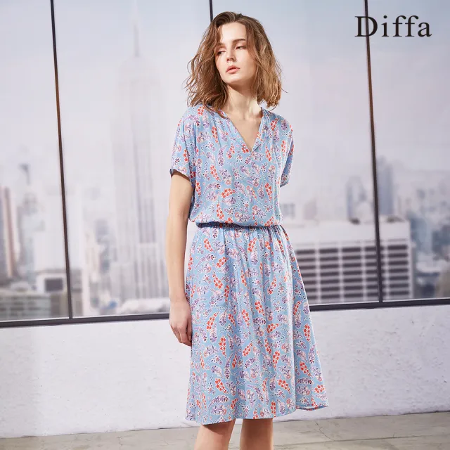 【Diffa】淺藍氣質碎花連身洋裝-女