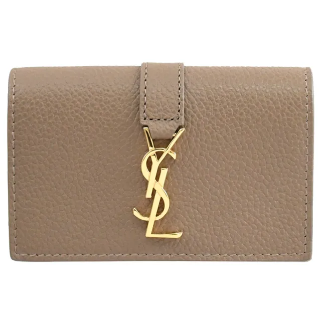 【YSL】簡約金屬字母LOGO小牛皮六孔鑰匙包信用卡名片收納包(灰褐)
