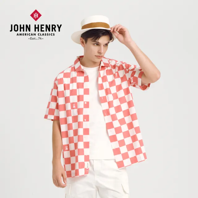 【JOHN HENRY】棋盤格古巴領短袖襯衫-粉色