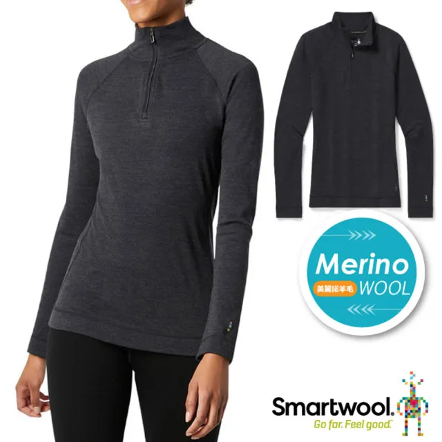 【SmartWool】女 Thermal 美麗諾羊毛長袖拉鍊T恤.半開襟拉鍊休閒運動上衣(SW016374-010 炭黑色)