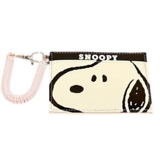 【小禮堂】Snoopy 皮質票卡夾附彈簧繩 - 黑白大臉款(平輸品)