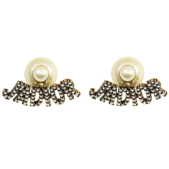 【Dior 迪奧】經典品牌LOGO珠珠雙造型時尚針式耳環(古銅金)