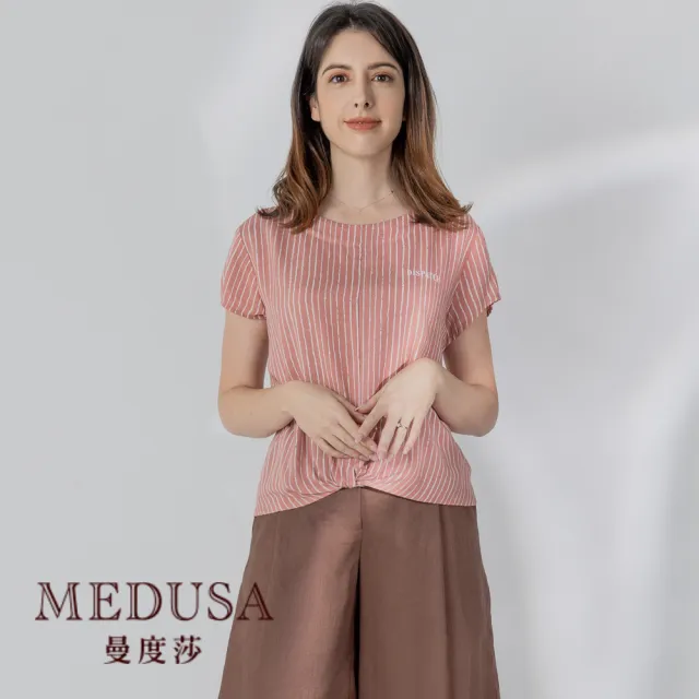 【MEDUSA 曼度莎】現貨-柔粉條紋嫘縈上衣（M-XL）｜女上衣 女短袖上衣 嫘縈上衣(101-71701)