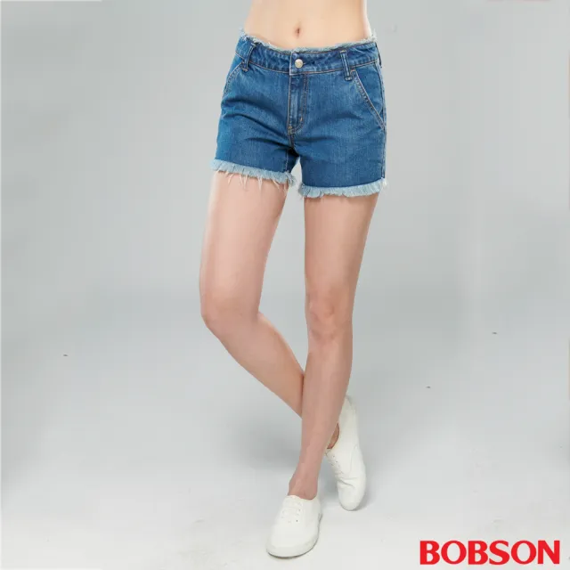 【BOBSON】女款中腰毛鬚腰頭褲口牛仔短褲(259-53)