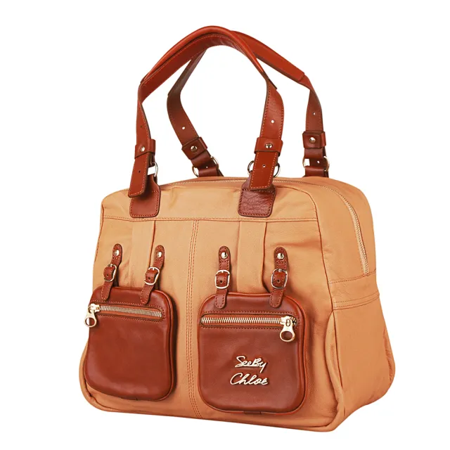 【See by Chloe’】SBC See By Chloe經典金字LOGO雙功能外袋皮革拉鍊手提肩背包(展示品/駝)
